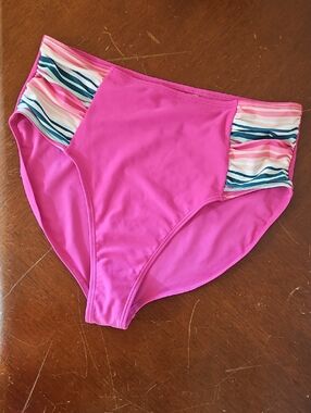 Matilda Jane Hot Pink High-Waist Bikini Bottoms with Multicolor Stripe Panels